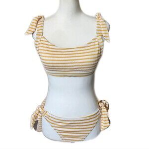 Jessica Simpson Yellow Gold & White Horizontal Stripe Side Tie Bikini, M